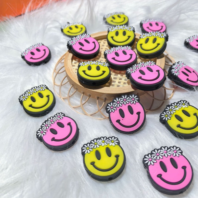 Wholesale 2D smiley face flower silicone cartoon beads 10pcs/pack